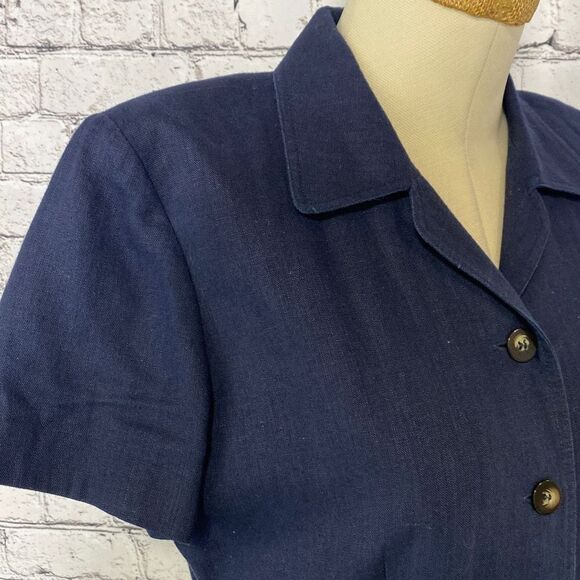 Maggy London Womens Linen Blend Button Front Collared Midi Linen Shift Dress Nav - Picture 6 of 13